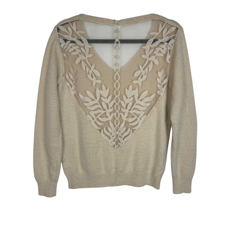 Exquiss's Sz S/M Light Beige Sheer‎ Back Fuzzy Knit Sweater Balletcore